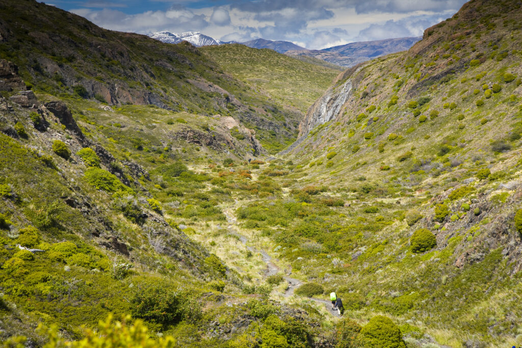 Chile, Southern Patagonia, Torres Del Paine National Park. Hiker walking the circuit / W track heading towards the Pehoe refuge.