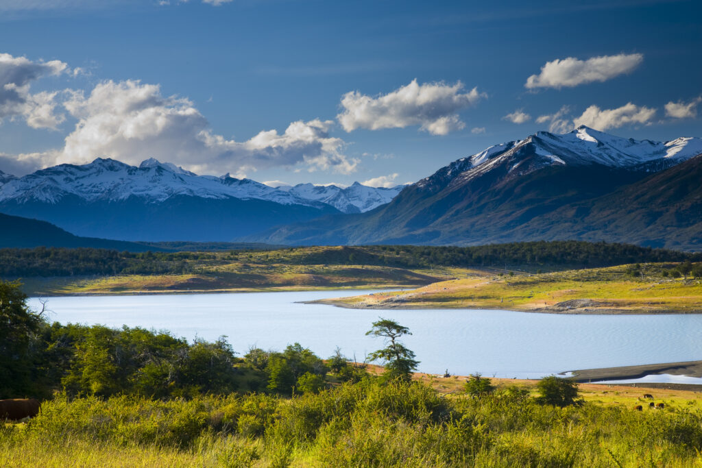 Argentina, Patagonia, Los Glaciares National Park. Lake Roca, situated amidst a mountain backdrop.