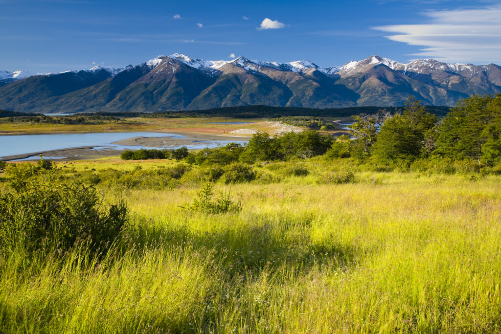 Argentina, Patagonia, Los Glaciares National Park. Lake Roca, situated amidst a mountain backdrop.