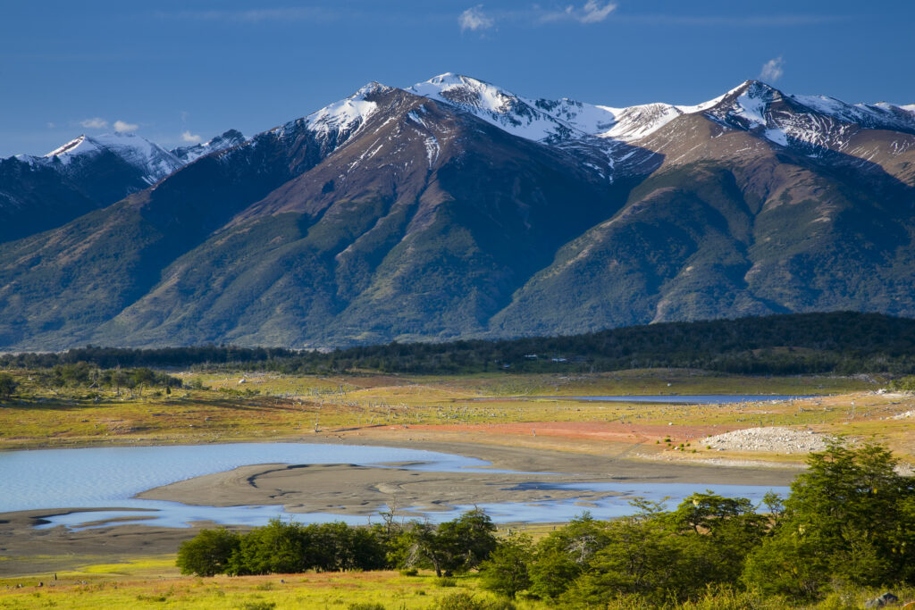 Argentina, Patagonia, Los Glaciares National Park. Lake Roca, situated amidst a mountain backdrop.
