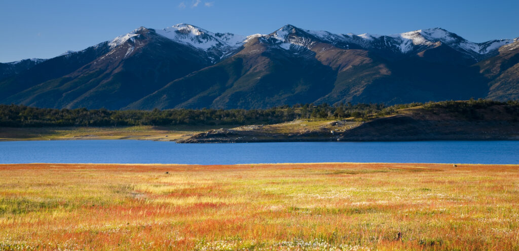 Argentina, Patagonia, Los Glaciares National Park. Lake Roca, situated amidst a mountain backdrop.