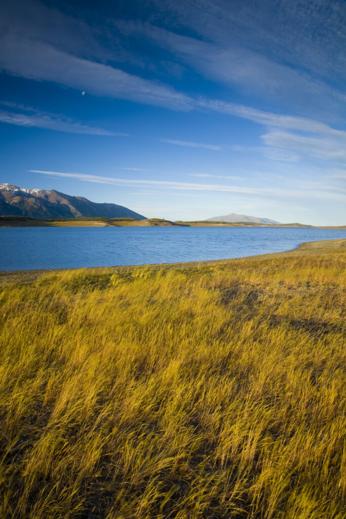 Argentina, Patagonia, Los Glaciares National Park. Lake Roca, situated amidst a mountain backdrop.
