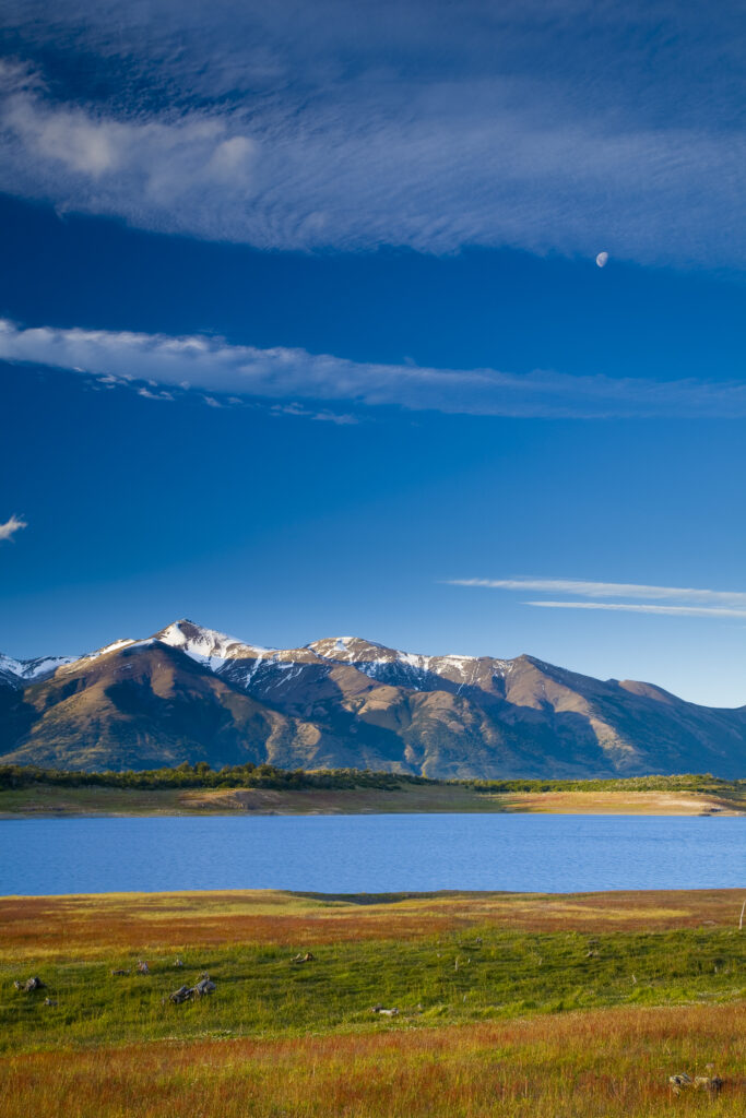 Argentina, Patagonia, Los Glaciares National Park. Lake Roca, situated amidst a mountain backdrop.