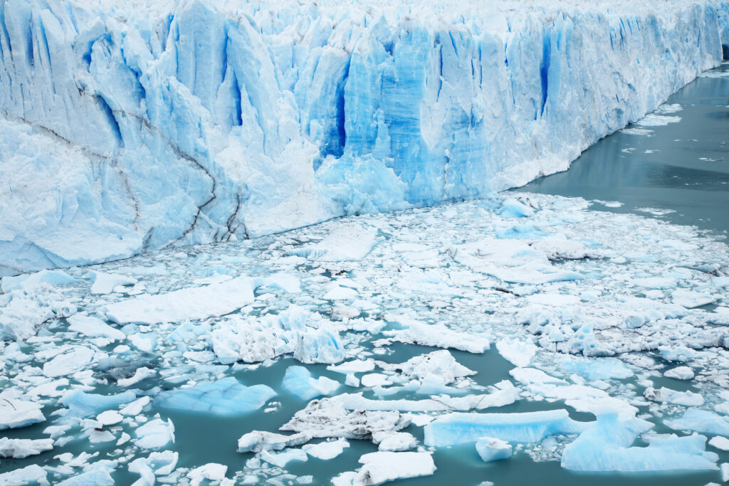 Argentina, Patagonia, Los Glaciares National Park. Icebergs floating in front of the Perito Moreno Glacier.