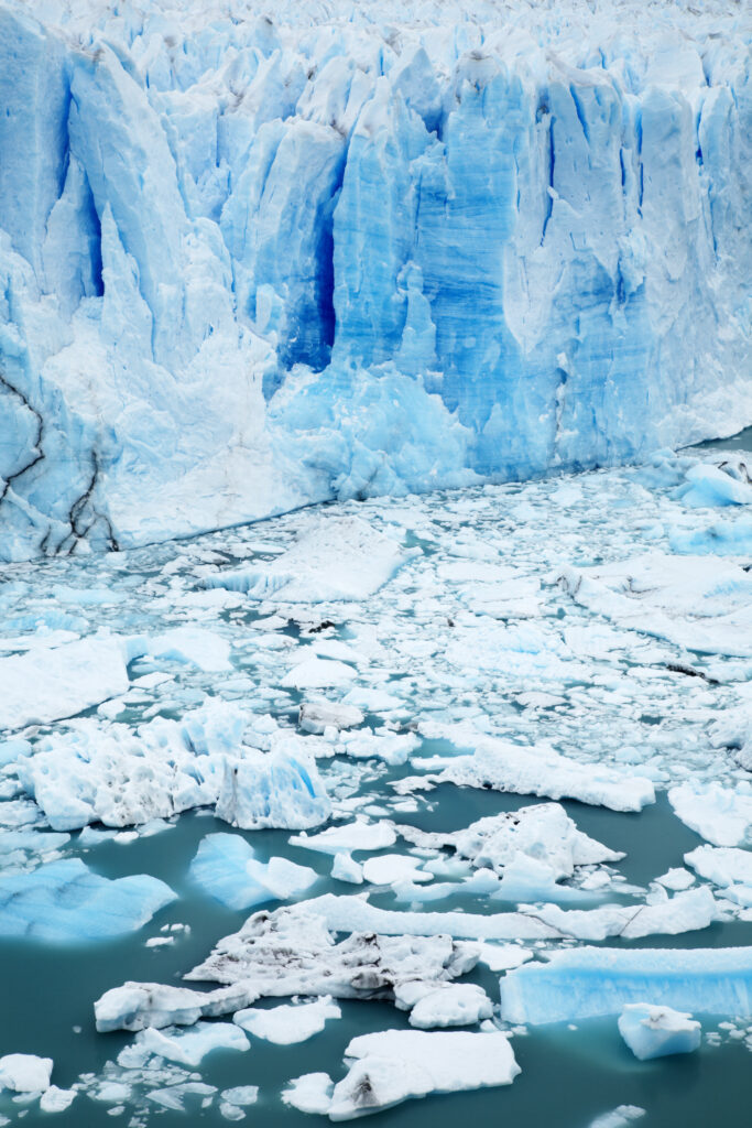 Argentina, Patagonia, Los Glaciares National Park. Icebergs floating in front of the Perito Moreno Glacier.