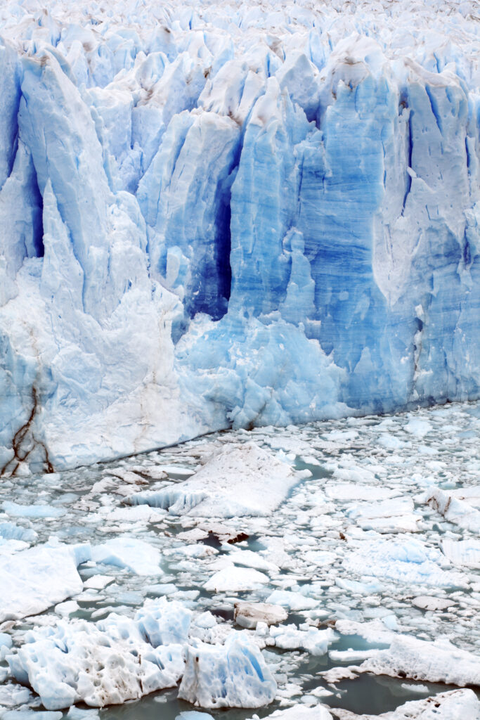 Argentina, Patagonia, Los Glaciares National Park. Icebergs floating in front of the Perito Moreno Glacier.