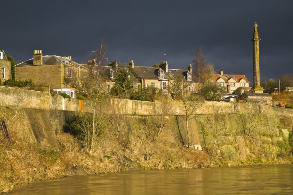Scotland, Scottish Borders, Coldstream. The town houses and monuments of Coldstream, located on the banks of the River Tweed.
