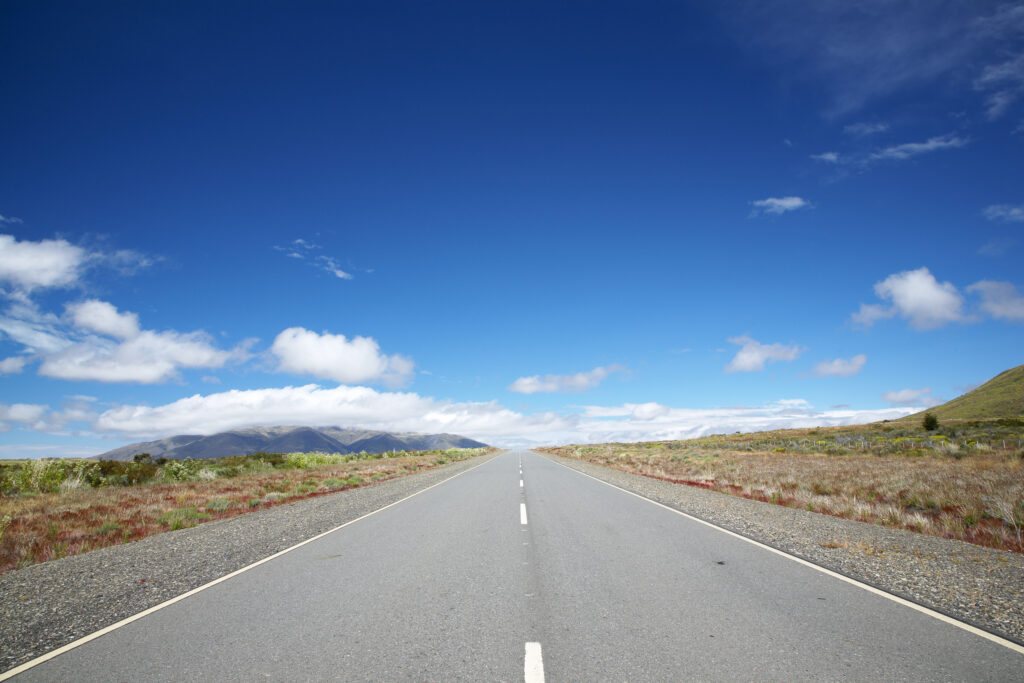 Argentina, Patagonia, Santa Cruz. Highway road running through the open patagonian landscape.