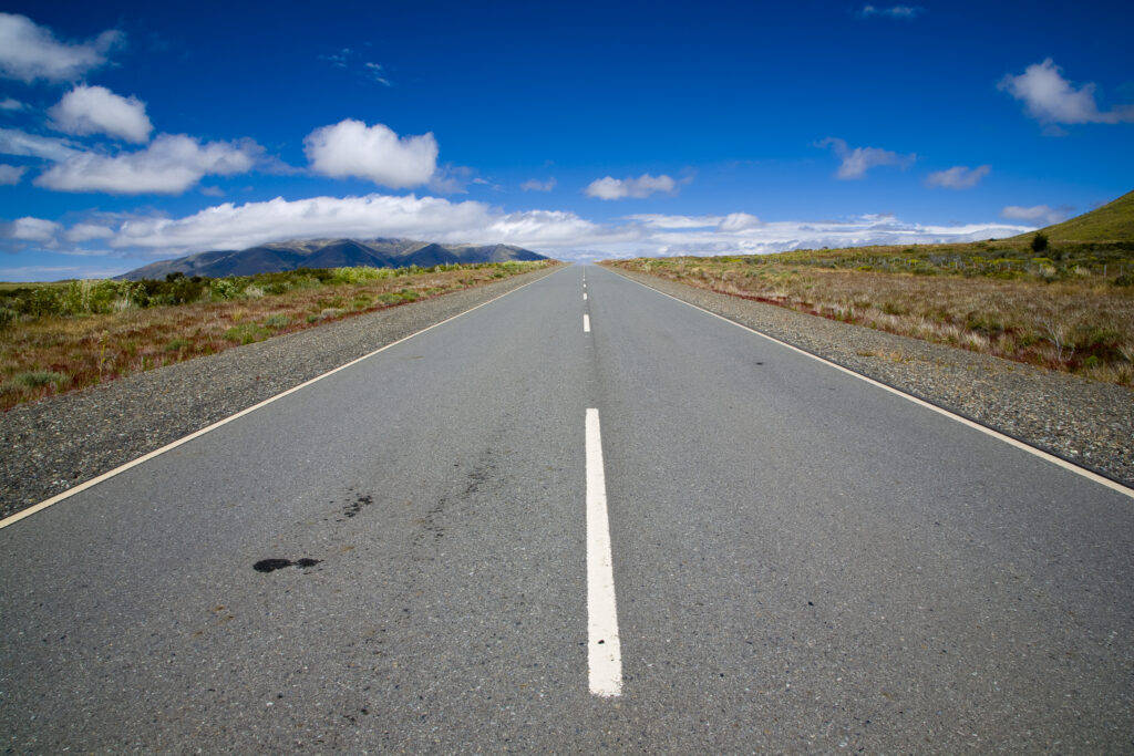 Argentina, Patagonia, Santa Cruz. Highway road running through the open patagonian landscape.