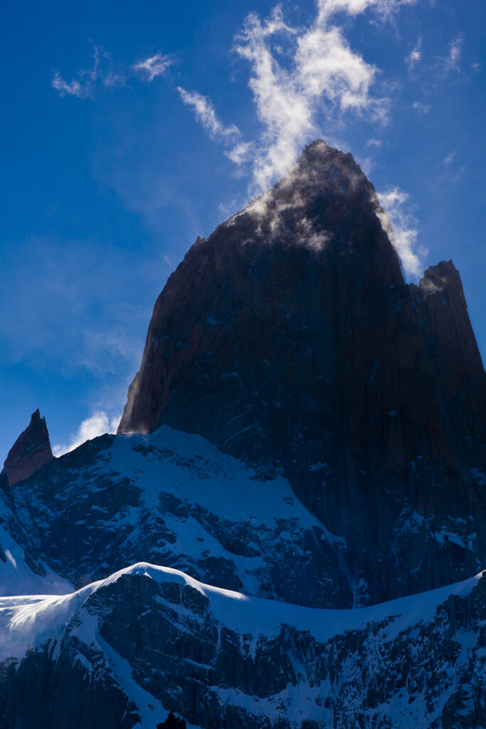 Argentina, Patagonia, Los Glaciares National Park. Storm clouds clear from the peak of the Fitz Roy and surrounding mountains.