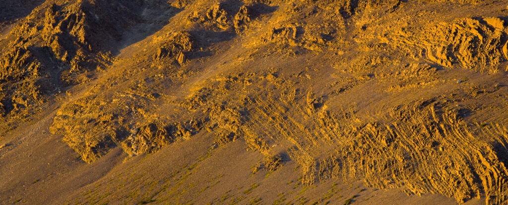 Argentina, Patagonia, Los Glaciares National Park. Signs of uplift in the foothills of the Fitz Roy range, by the Poincenot campsite.