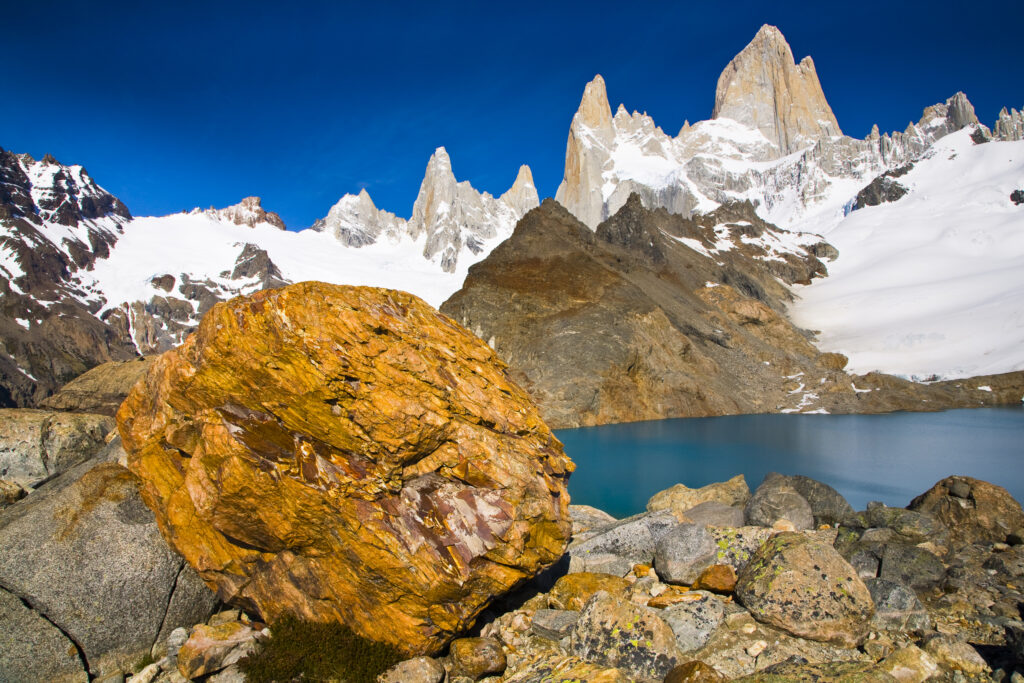 Argentina, Patagonia, Los Glaciares National Park. Fitz Roy and surrounding mountains landscape viewed from the 'de los tres' lake.