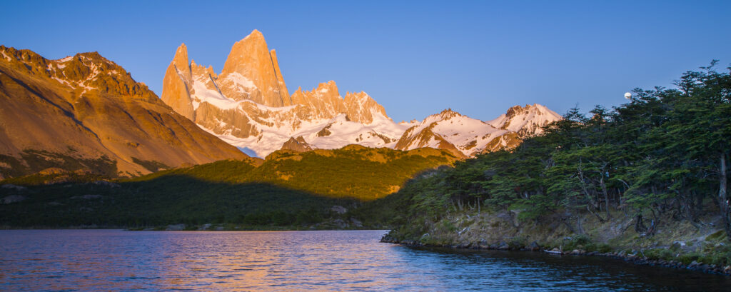 Argentina, Patagonia, Los Glaciares National Park. Lake Capri at dawn with Monte Fitz Roy in the distance..