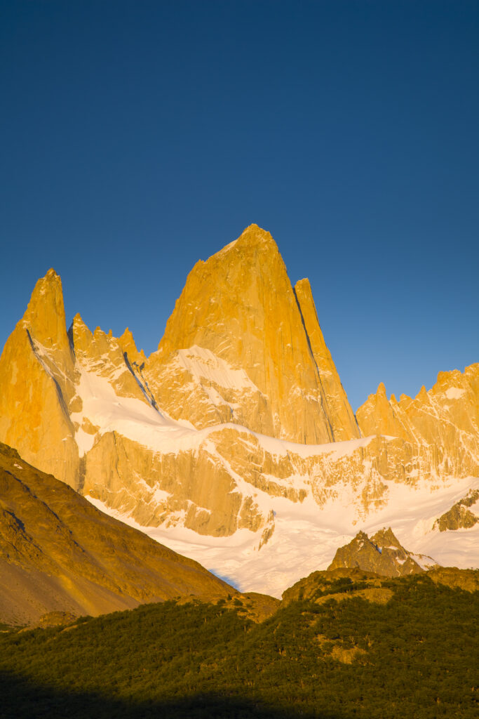 Argentina, Patagonia, Los Glaciares National Park. Early morning light illuminates Monte Fitz Roy.