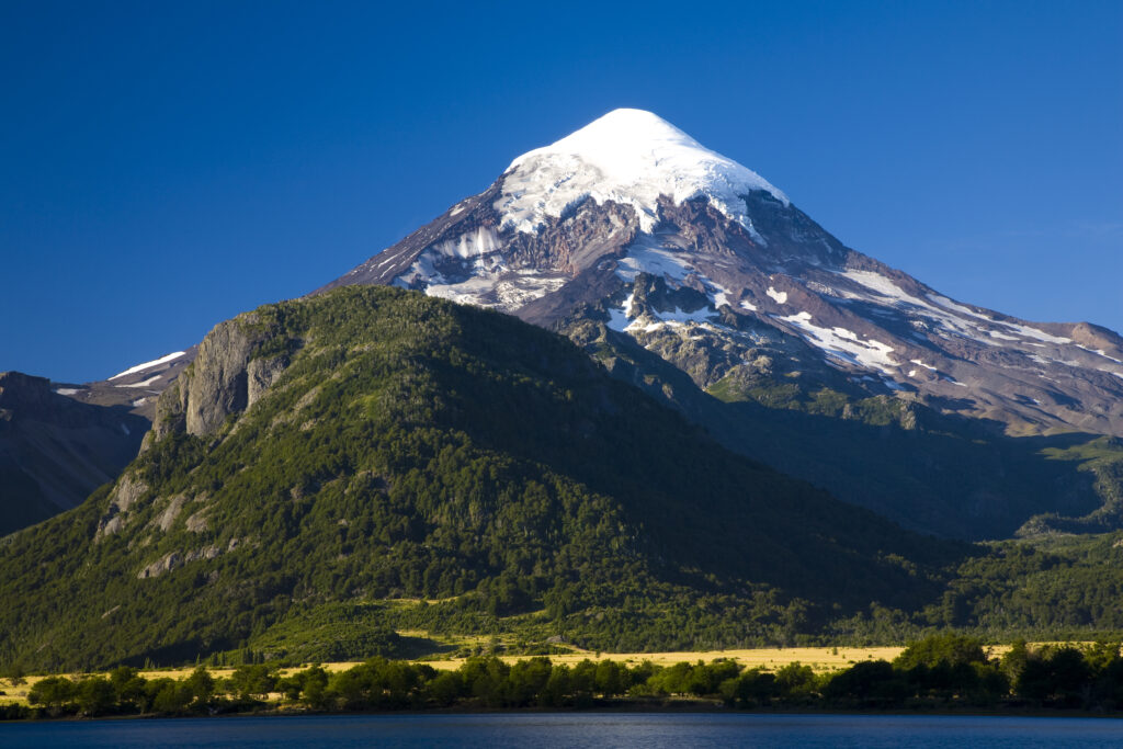 argentina, The Lake District, Parque Nacional Lanin. Lanin volcanoe, an ice-clad, cone-shaped stratovolcano on the border of Argentina and Chile.