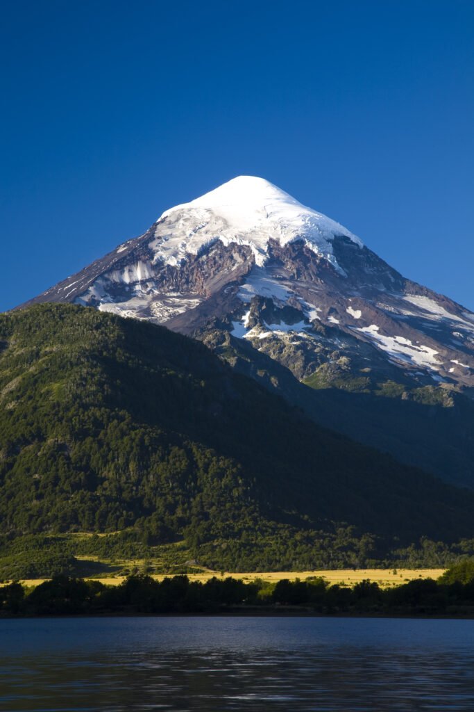 argentina, The Lake District, Parque Nacional Lanin. Lanin volcanoe, an ice-clad, cone-shaped stratovolcano on the border of Argentina and Chile.