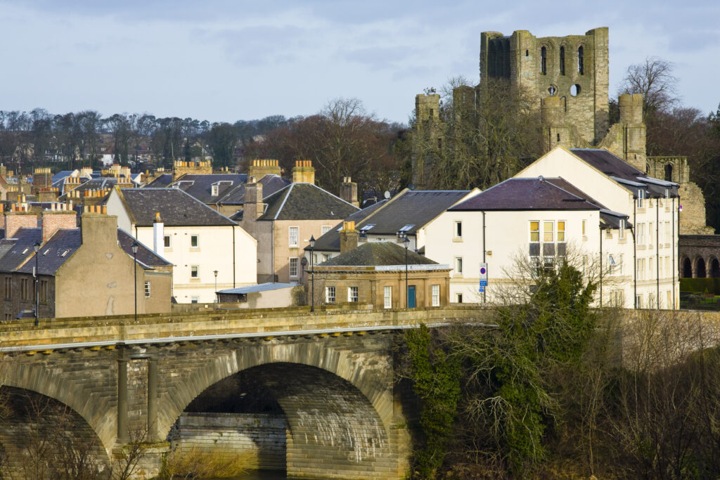 Scotland, Scottish Borders, Kelso. Looking towards the town of Kelso from the Millennium Viewpoint.