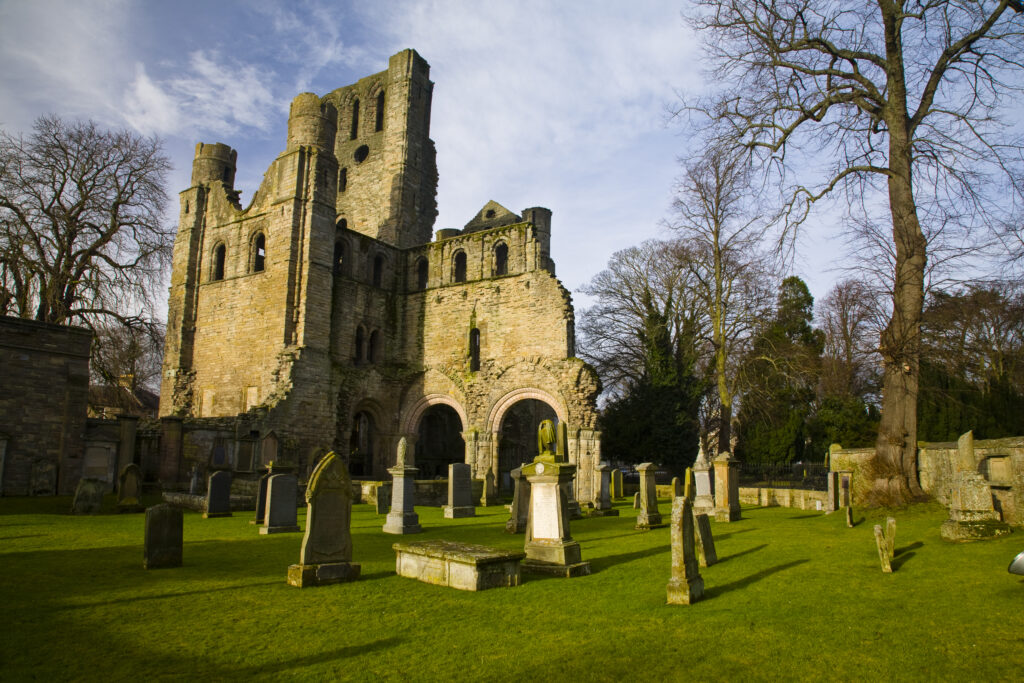 Scotland, Scottish Borders, Kelso. The dramatic ruins of Kelso Abbey. Sir Walter Scott described the architecture as the most beautiful in Scotland.
