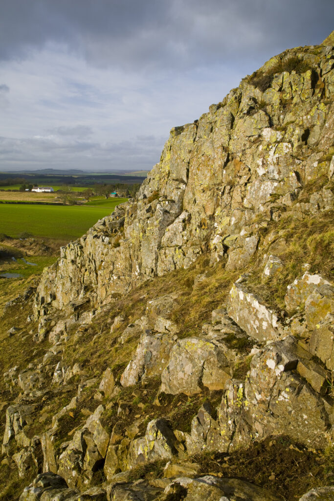 Scotland, Scottish Borders, Hareheugh. The rocky crags of Hareheugh.