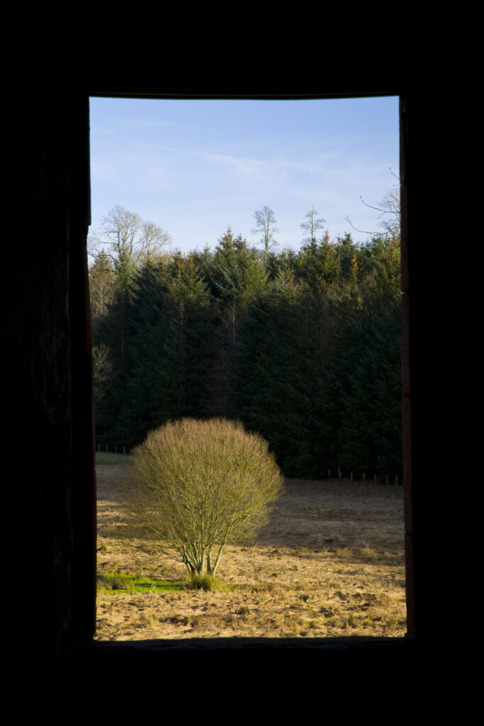 Scotland, Scottish Borders, Greenknowe Tower. View from window in Greenknowe Tower, framed by the stone frame of the building.