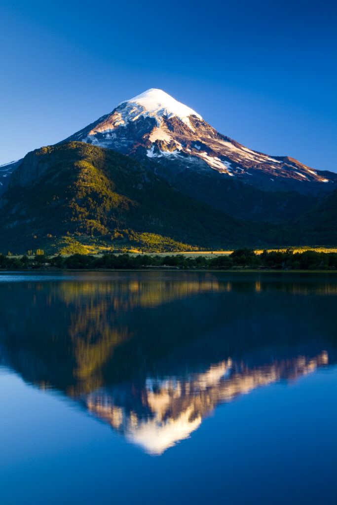 argentina, The Lake District, Parque Nacional Lanin. Lanin volcanoe, an ice-clad, cone-shaped stratovolcano on the border of Argentina and Chile.
