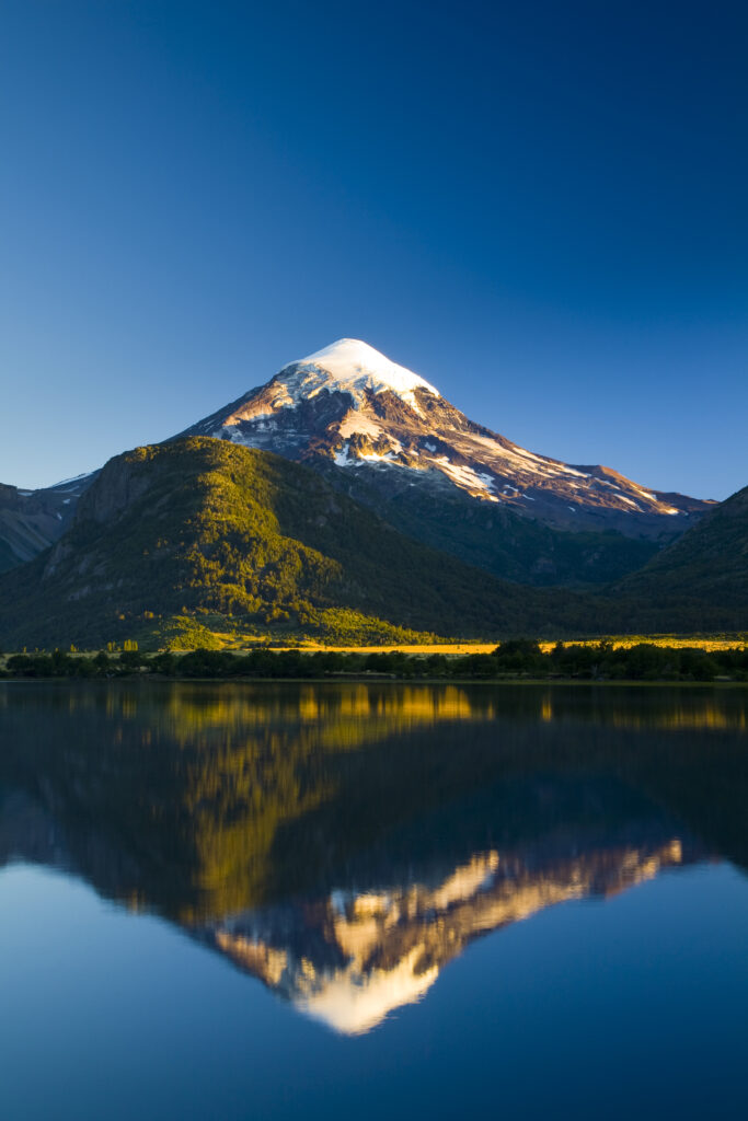 argentina, The Lake District, Parque Nacional Lanin. Lanin volcanoe, an ice-clad, cone-shaped stratovolcano on the border of Argentina and Chile.