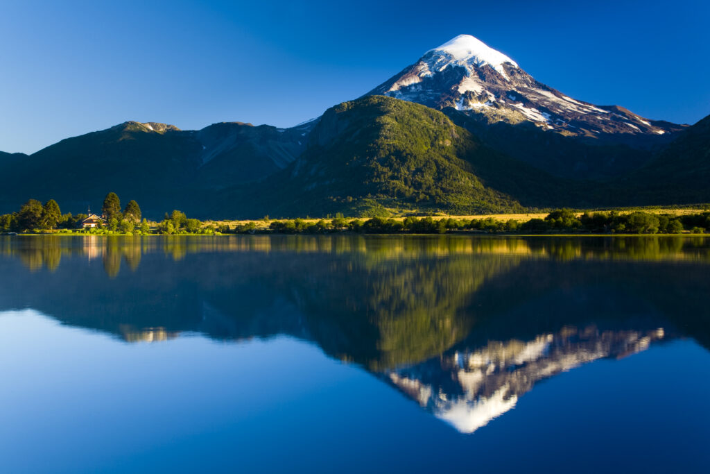 argentina, The Lake District, Parque Nacional Lanin. Lanin volcanoe, an ice-clad, cone-shaped stratovolcano on the border of Argentina and Chile.