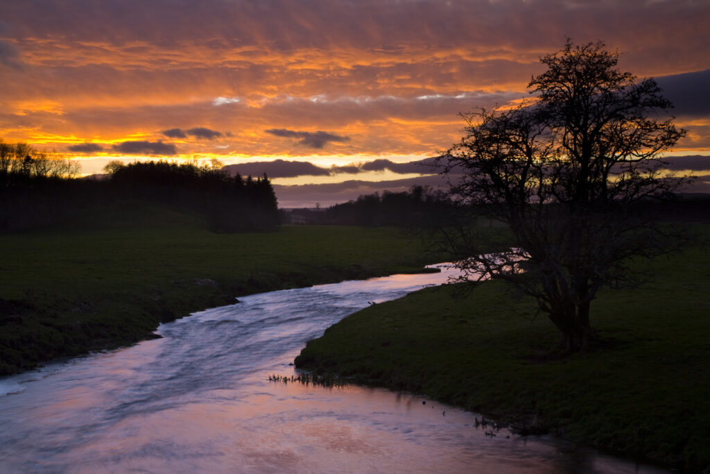 Scotland, Scottish Borders, River Blackadder. Sunset on the banks of the River Blackadder in the south east borders region.