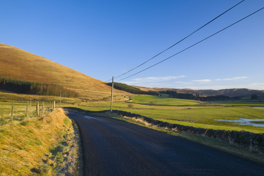 Scotland, Scottish Borders, Ettrick Valley. The B 7009 heading towards Selkirk meanders through picturesque borders scenery.