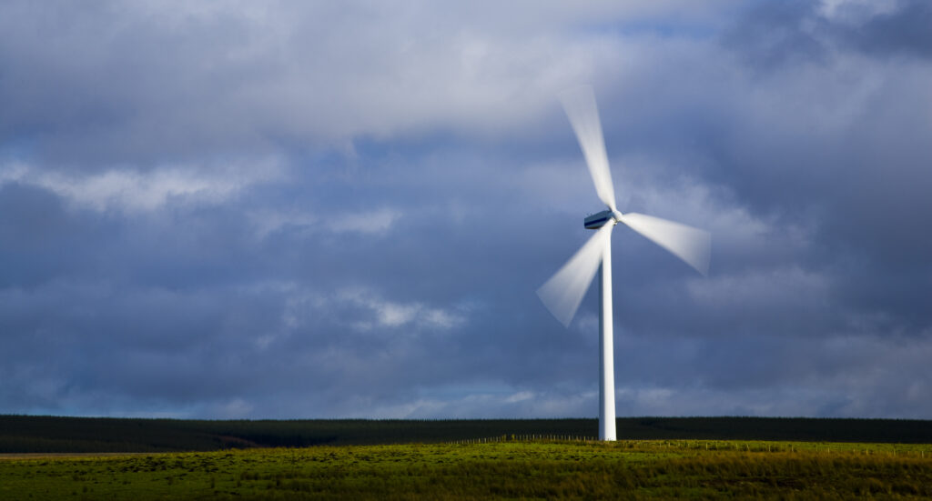 Scotland, Scottish Borders, Dun Law. Wind Farms are a controversial new feature to be increasingly found within the Scottish landscape. This wind turbine is part of the Dun Law wind farm located at the western end of the Lammermuir Hills.