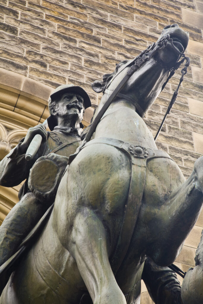 Scotland, Scottish Borders, Galashiels. Mounted Border Reiver monument outside the Burgh Chambers in Galashiels.