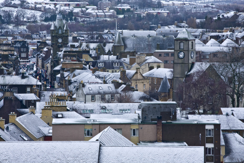 Scotland, Scottish Borders, Hawick. Looking across the skyline of the historic town of Hawick. Possibly the most charismatic of the border towns with the popular Hawick Common Riding festival having been described as one of the greatest parties to be found in the world.