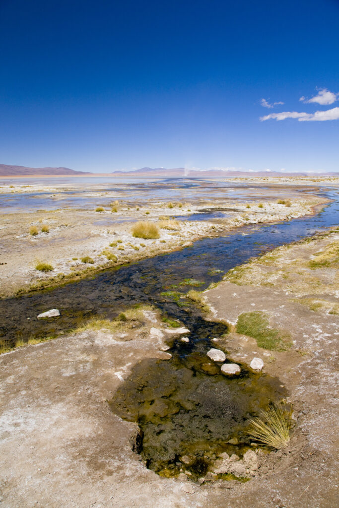 Bolivia, Southern Altiplano, Termas de Polques. Stream coloured by minerals near the Termas de Polques otherwise known as the Hot Pools.