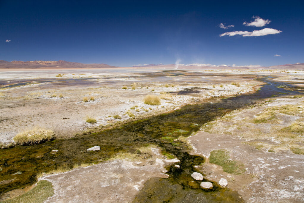 Bolivia, Southern Altiplano, Termas de Polques. Stream coloured by minerals near the Termas de Polques otherwise known as the Hot Pools.