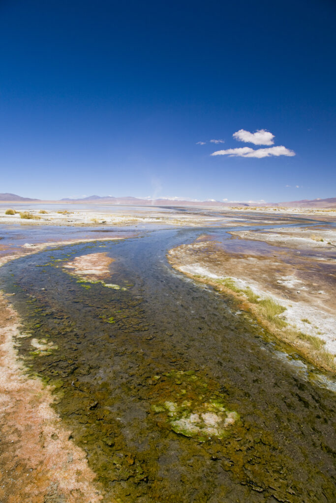 Bolivia, Southern Altiplano, Termas de Polques. Stream coloured by minerals near the Termas de Polques otherwise known as the Hot Pools.
