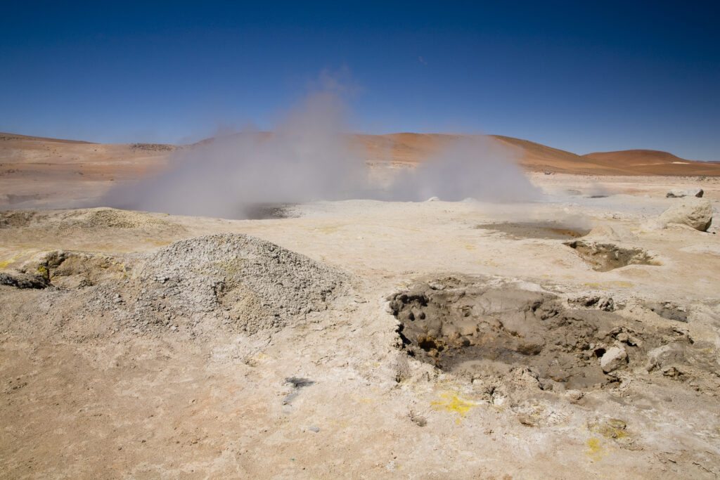 Bolivia, Southern Altiplano, Uyuni Highlands. Fumaroles and Geysers at the Sol de Manana in the Uyuni Highlands.