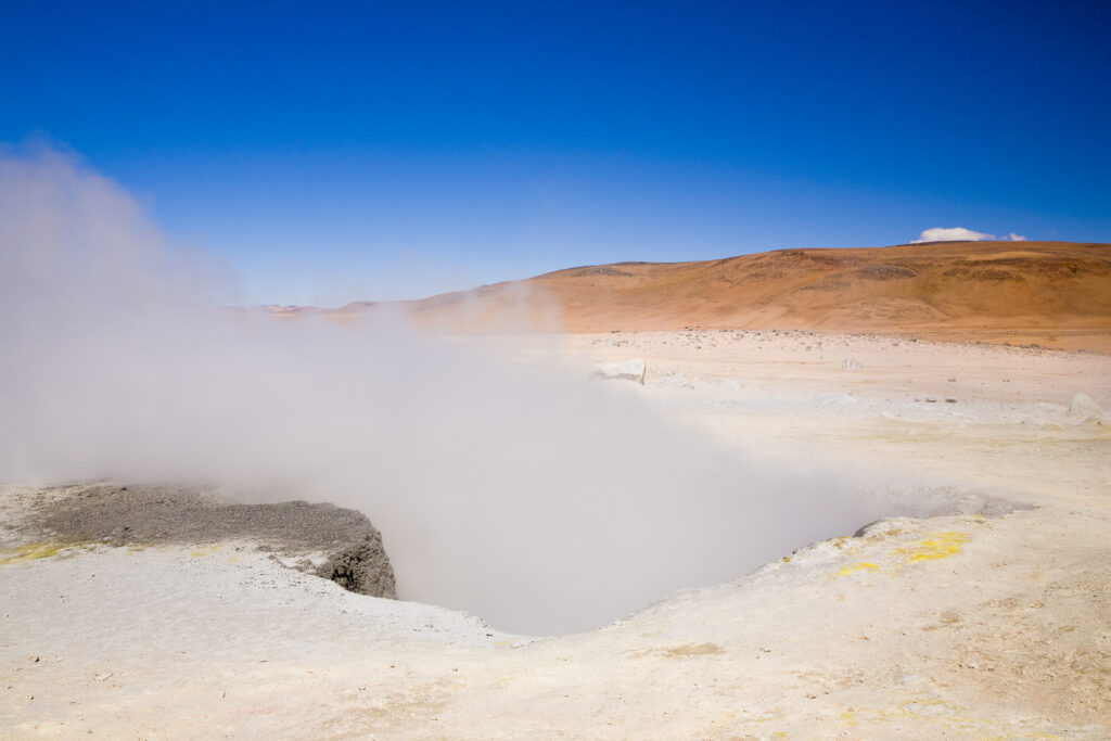 Bolivia, Southern Altiplano, Uyuni Highlands. Fumaroles and Geysers at the Sol de Manana in the Uyuni Highlands.