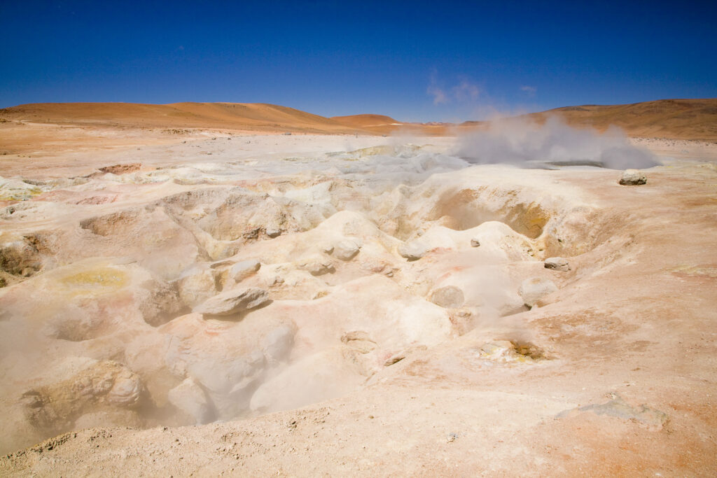 Bolivia, Southern Altiplano, Uyuni Highlands. Fumaroles and Geysers at the Sol de Manana in the Uyuni Highlands.
