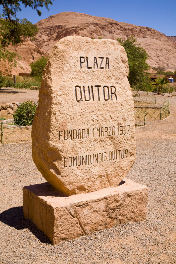 Chile, Atacama Desert, Plaza Quitor. Stone sign at the Plaza Quitor in the Atacama Desert.