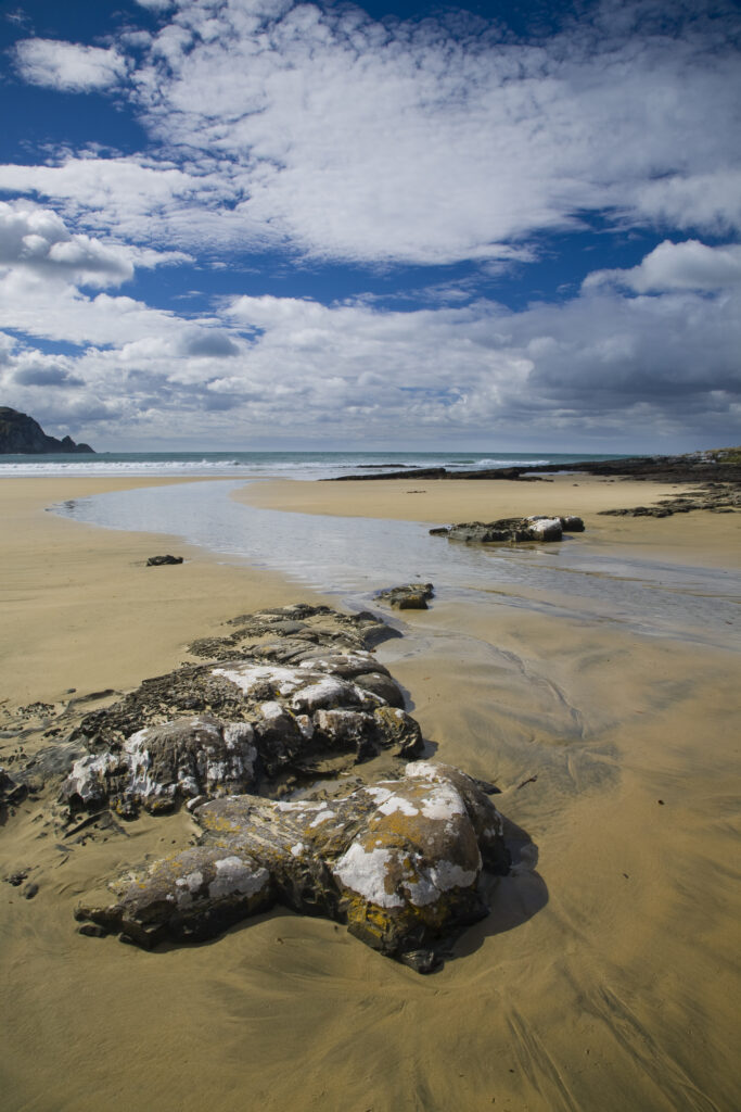 New Zealand, Otago, The Catlins. Sandy beach and rocky outcrops of Purakaunui Bay.