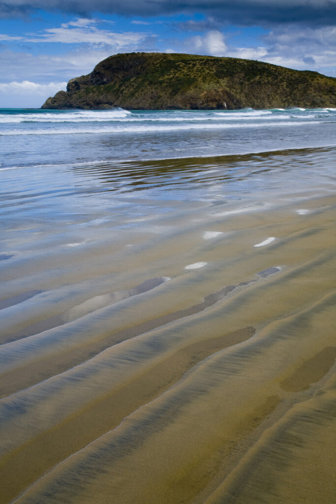 New Zealand, Otago, The Catlins. Sand ripples along the rugged Catlins coast of Cannibal Bay.