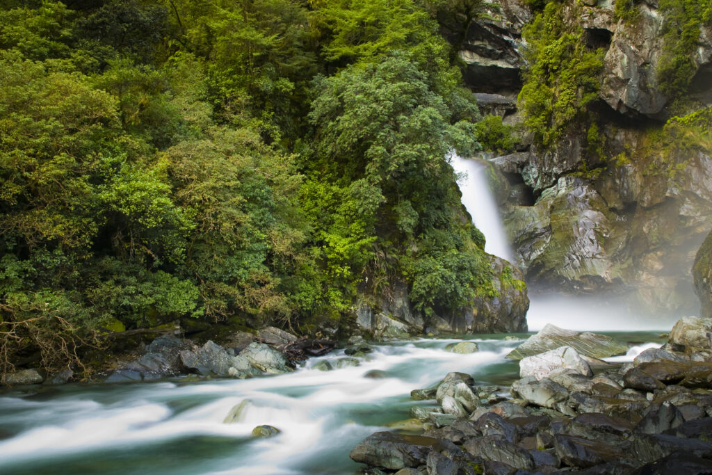 New Zealand, Southland, Fiordland National Park. The Hidden Falls cascade, found along the route of the Hollyford Track.