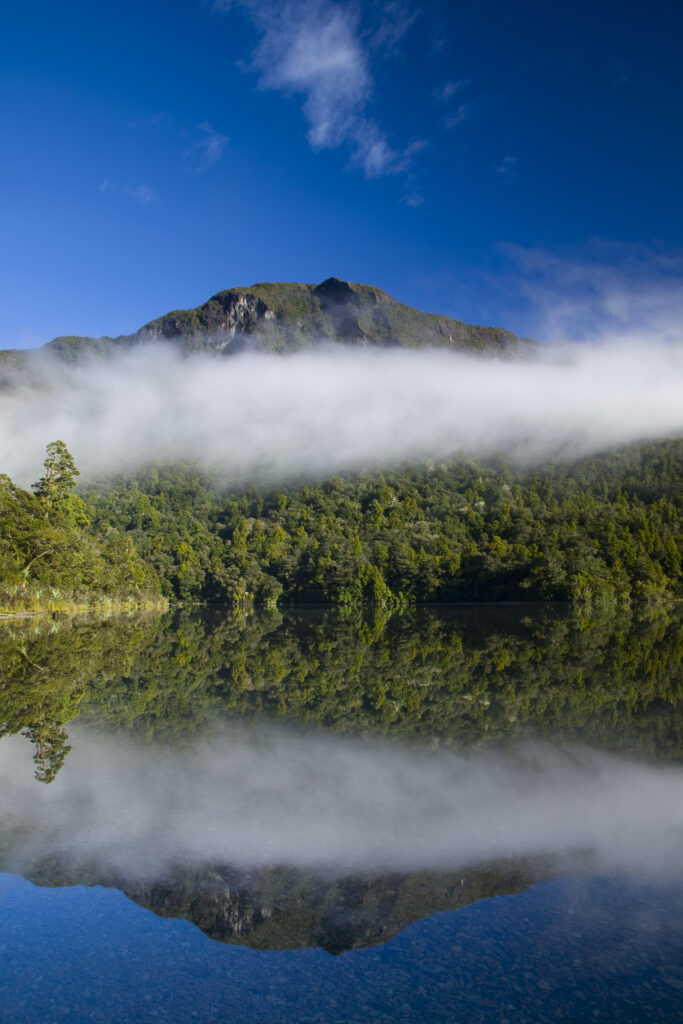 New Zealand, Southland, Fiordland National Park. Autumn mist clears from Lake Alabaster, on the Hollyford Track.