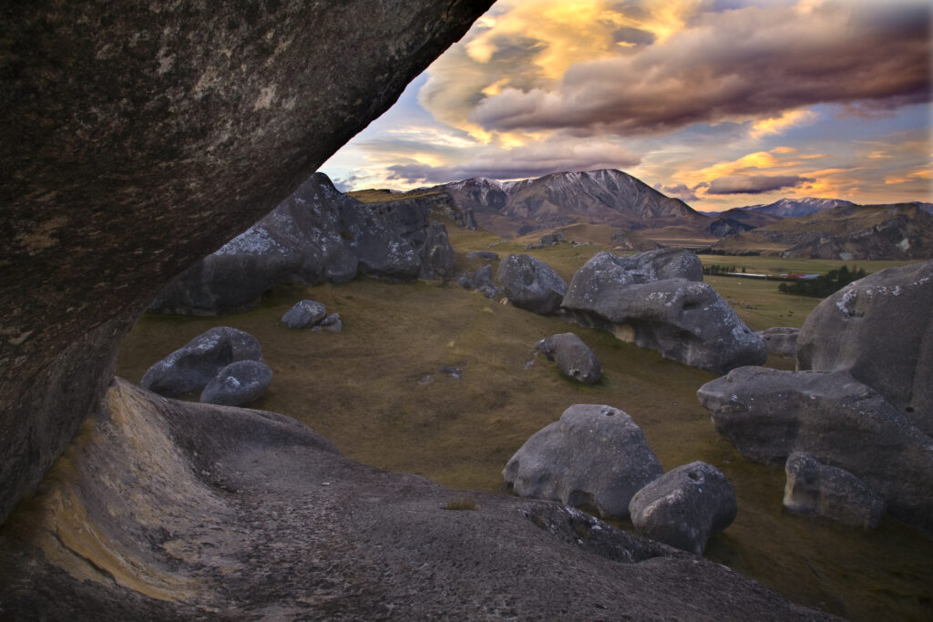 New Zealand, Canterbury, Castle Hill. Imposing array of limestone boulders on Castle Hill overlooking the Canterbury Plains.