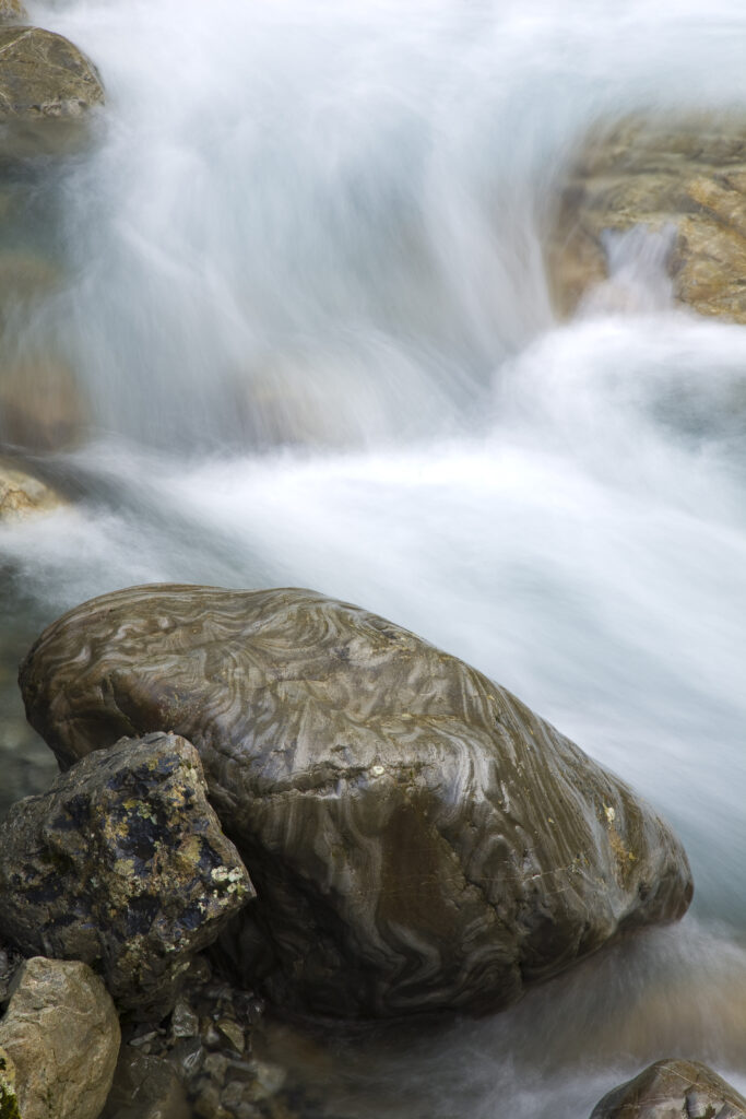 New Zealand, Canterbury, Arthur's Pass National Park. Detail view of a boulder in the river bed of the Bealey River.