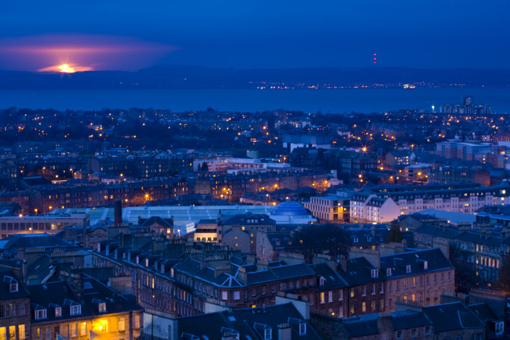 Scotland, Edinburgh, City Skyline. Edinburgh city viewed from Calton Hill looking towards the port of Leith.