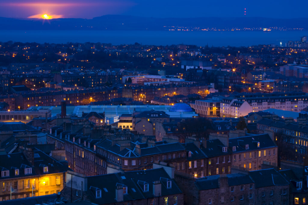Scotland, Edinburgh, City Skyline. Edinburgh city viewed from Calton Hill looking towards the River Forth.