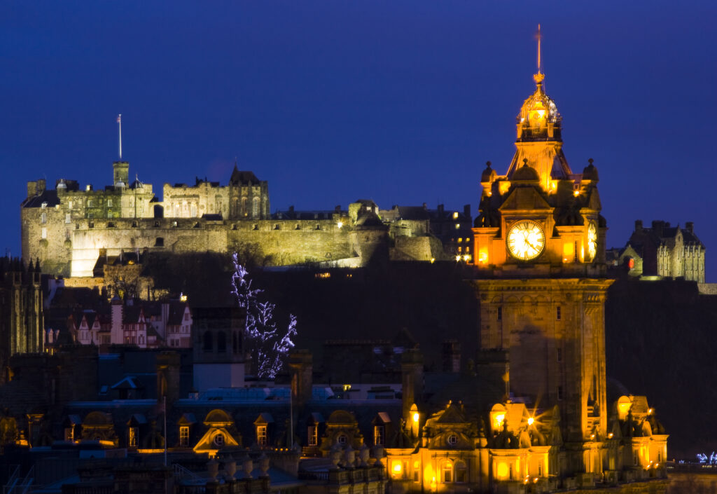 Scotland, Edinburgh, City Skyline. Impressive skyline of Edinburgh City viewed from Calton Hill looking towards Castle Rock and the surrounding old town.
