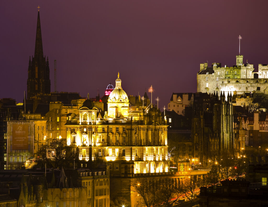 Scotland, Edinburgh, City Skyline. City skyline viewed from Calton Hill looking towards Castle Rock and the surrounding old town.