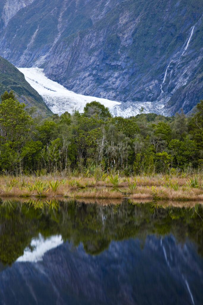 NEW ZEALAND, Westland, Westland National Park. The Franz Josef Glacier relected in Peters Pool.